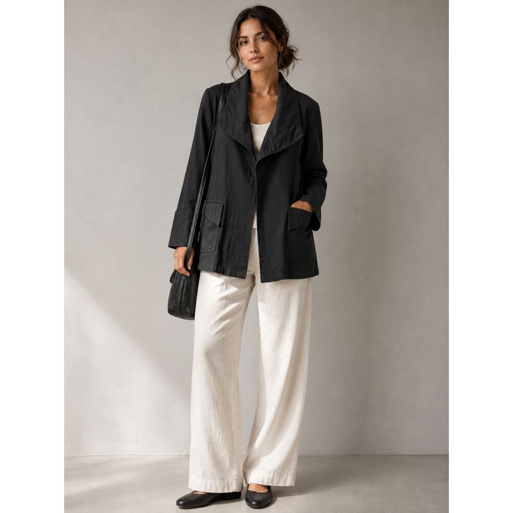 Beyond Threads M Black Cotton Utility Jacket Minimalist Artsy Lagenlook Peru